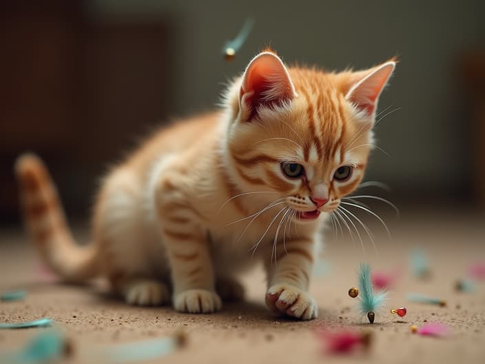 Cat playing with feather toys or bell toys, focus on interactive play