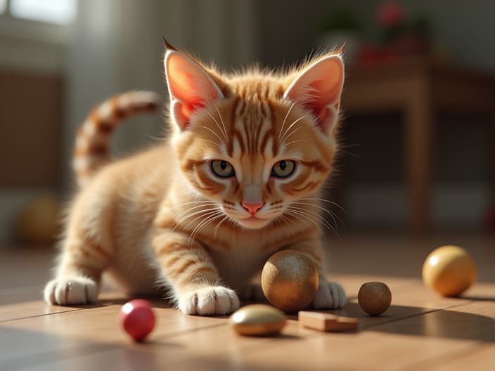 Cat playing with various toys, focus on interactive toys