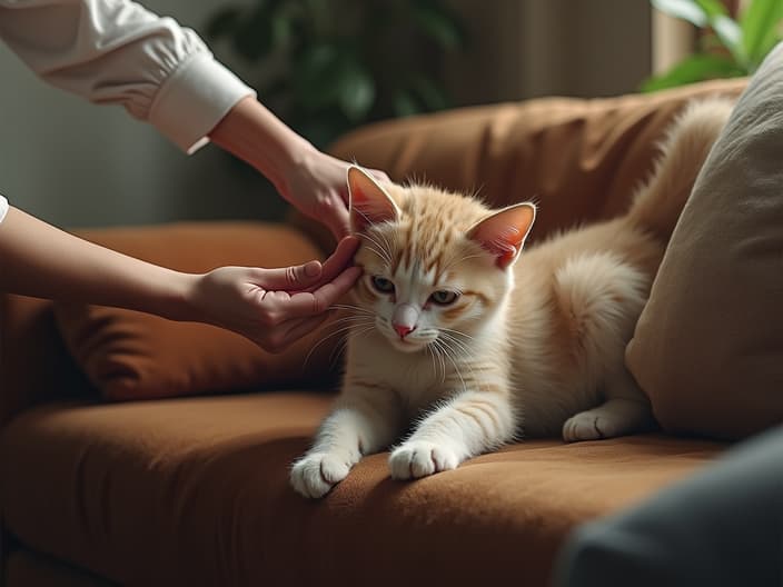 Cat scratching a couch, person trying to deter the behavior