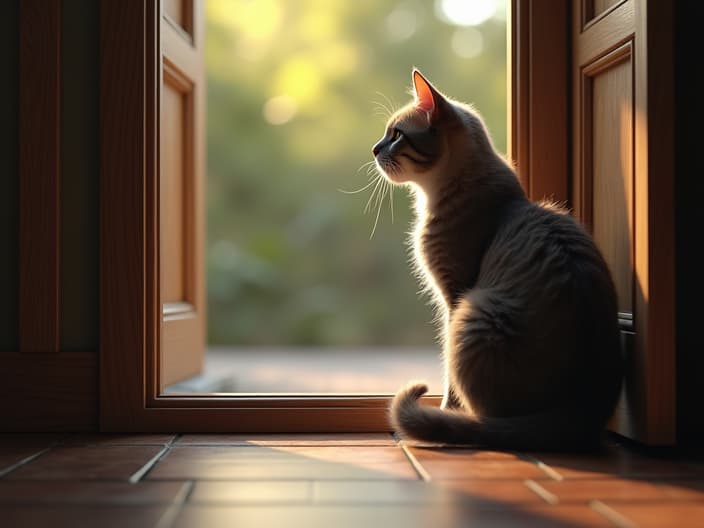 Cat sitting by an open door, looking outside curiously