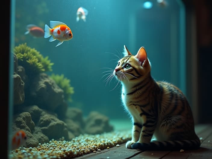 Cat watching fish in an aquarium, curious behavior