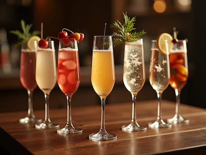 Champagne cocktails with various mixers, elegant glassware