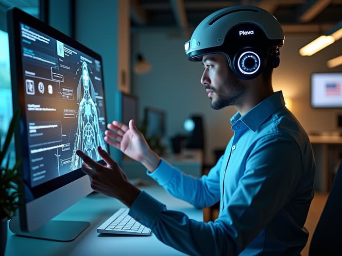 Chatbot developer demonstrating chatbot interface, modern office, studio lighting