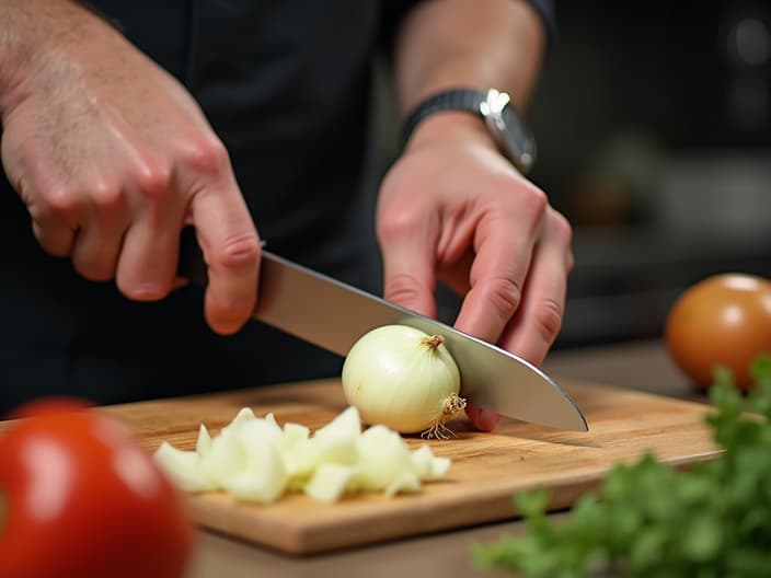 Chef demonstrating onion cutting technique, close-up shot