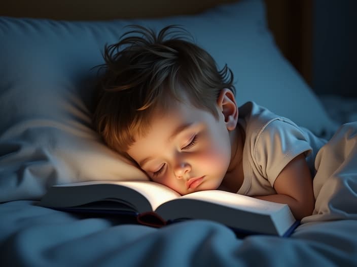 Child in bed, reading a book and falling asleep