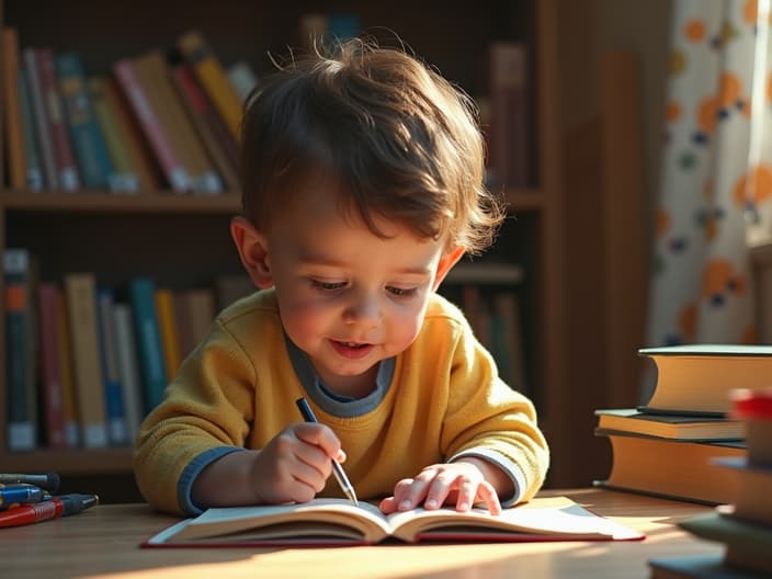 Child playing with educational toys and books