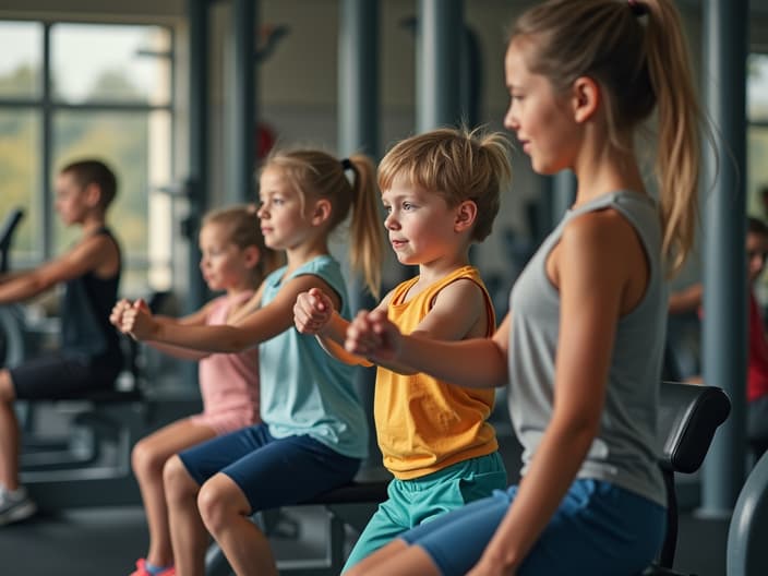 Children exercising on gym equipment, trainer explaining age appropriateness