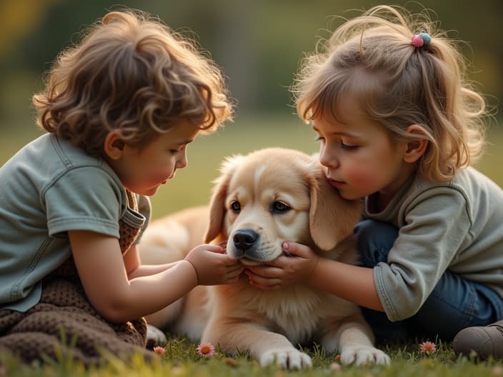 Children gently petting a dog, with a parent supervising