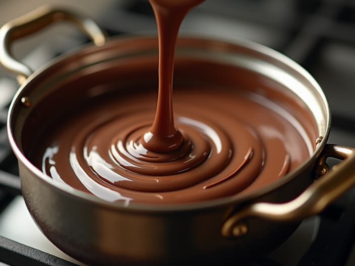 Chocolate melting in a double boiler, smooth texture visible