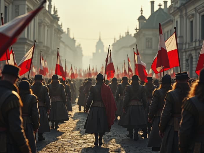 Cinematic studio recreation of an alternate history where Poland never lost independence, modern Poland thriving, historical events