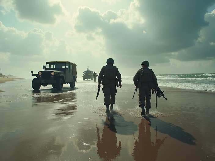 Cinematic studio shot of D-Day landings at Omaha Beach, Allied soldiers and vehicles, dramatic sea and sky