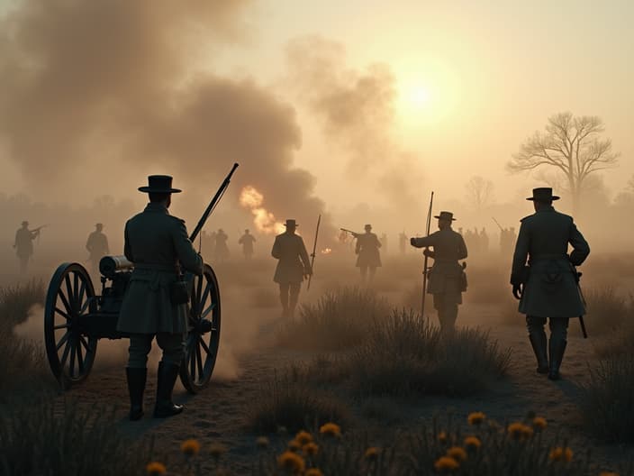 Cinematic studio shot of Gettysburg battlefield, Union and Confederate soldiers in combat, smoke and cannon fire