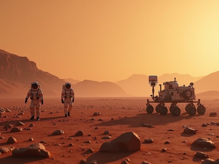 Cinematic studio shot of a Mars surface exploration mission, NASA astronauts and rovers, red planet landscape