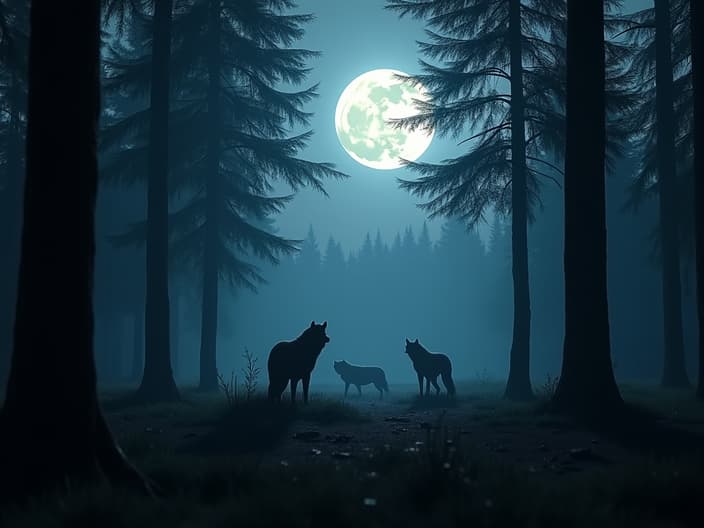 Cinematic studio shot of a forest at night, werewolves hunting under a full moon, eerie atmosphere