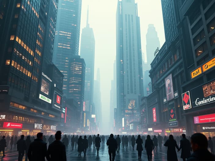 Cinematic studio shot of a futuristic megacity, skyscrapers and technology, crowded streets