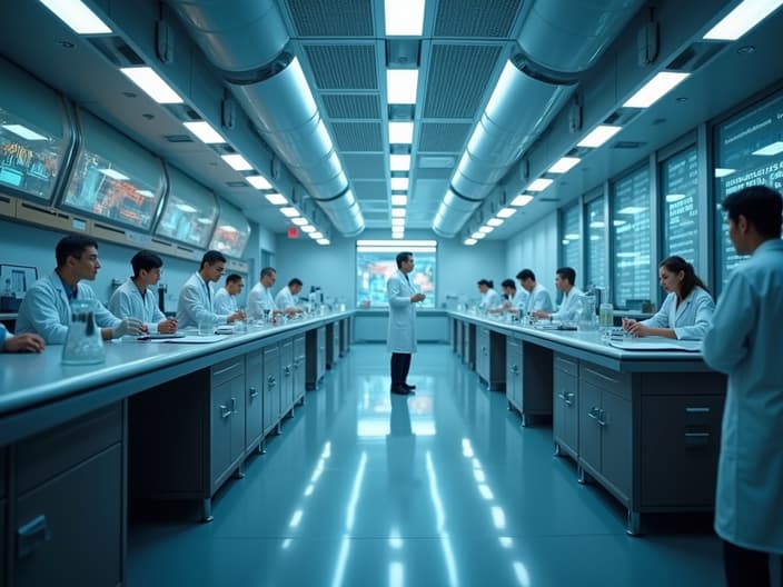 Cinematic studio shot of a laboratory where scientists discovered a cure for all diseases, advanced technology and medical breakthrough, futuristic setting