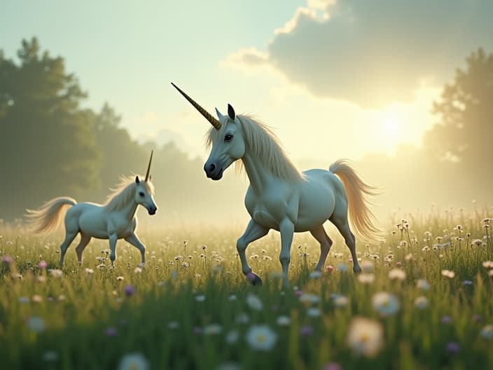 Cinematic studio shot of a magical meadow with unicorns, ethereal atmosphere, mystical creatures