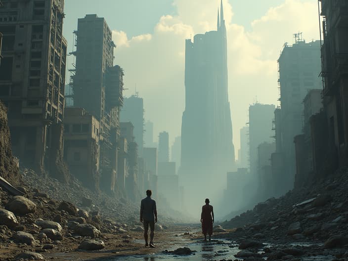 Cinematic studio shot of a post-apocalyptic Earth, humans adapting to new conditions, ruined cities and landscapes