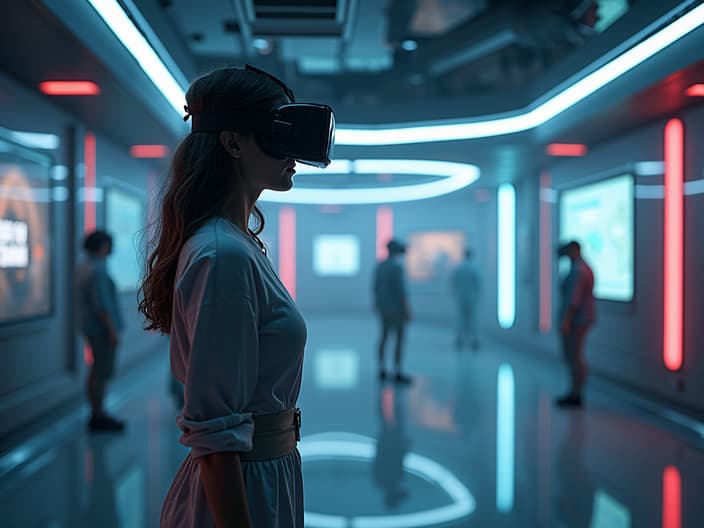 Cinematic studio shot of a virtual reality scenario, indistinguishable from reality, futuristic setting