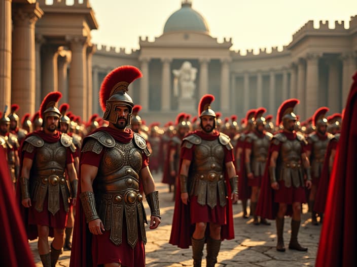 Cinematic studio shot of an alternate history where the Roman Empire never fell, Roman legions and architecture, historical era details