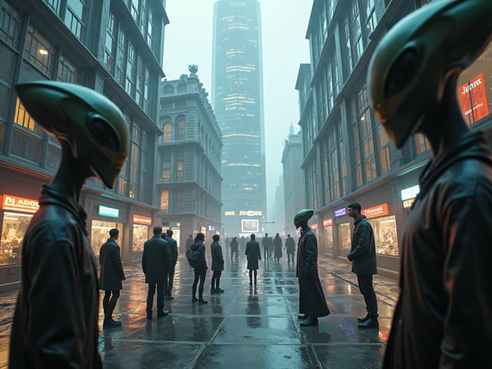 Cinematic studio shot of an alternate reality where aliens live among us, humans and aliens interacting, modern cityscape