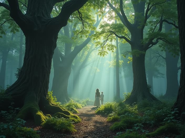 Cinematic studio shot of an enchanted forest, talking trees and mystical creatures, ethereal atmosphere