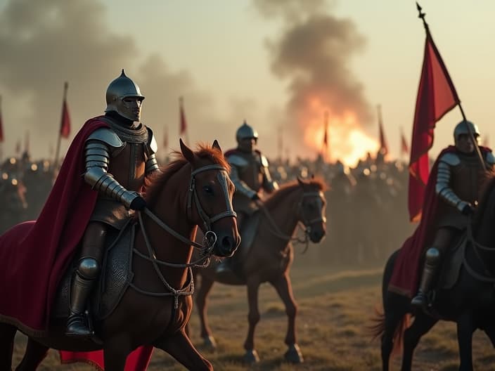 Cinematic studio shot of the Battle of Grunwald, medieval knights in combat, smoke and cannon fire