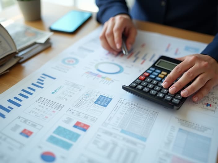 Clean studio shot of hands organizing financial documents and calculator, overhead view