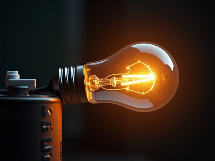 Close-up of a glowing light bulb connected to a battery with visible electrical current