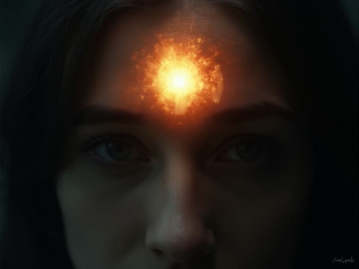 Close-up of a person's forehead with a glowing third eye, mystical studio lighting