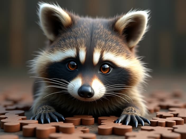 Close-up of a raccoon with a puzzled expression, surrounded by puzzle pieces and riddles