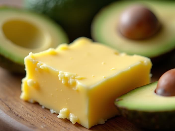 Close-up of a small portion of butter next to healthier alternatives like olive oil and avocado