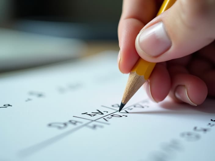 Close-up of a student solving a quadratic equation on paper, with a pencil in hand