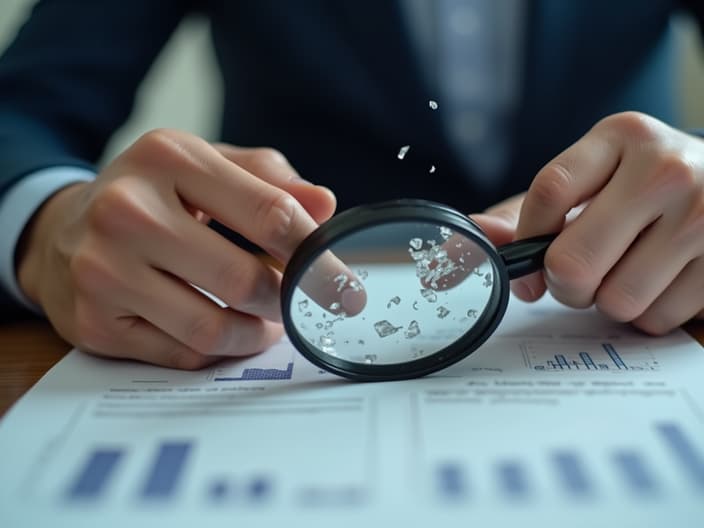 Close-up of hands holding a broken product with a magnifying glass examining it, legal documents blurred in background