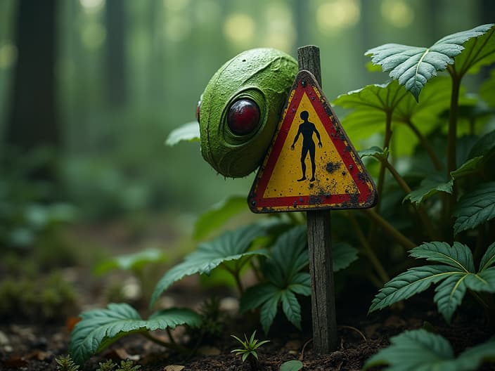 Close-up of poisonous plants, with a warning sign