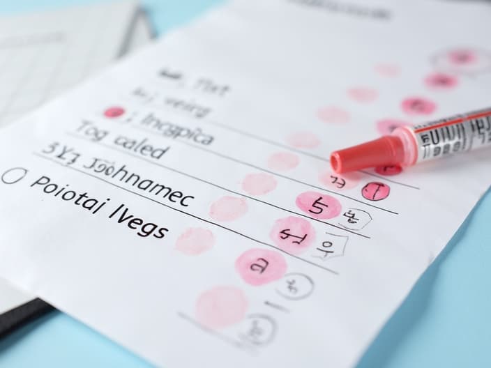 Close-up studio photo of a blood test report with key values highlighted