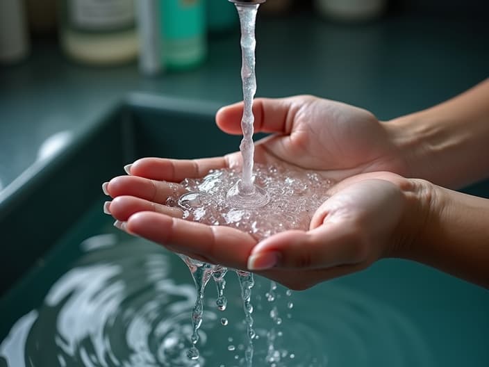 Close-up studio photo of a hand under cool running water, first aid supplies nearby