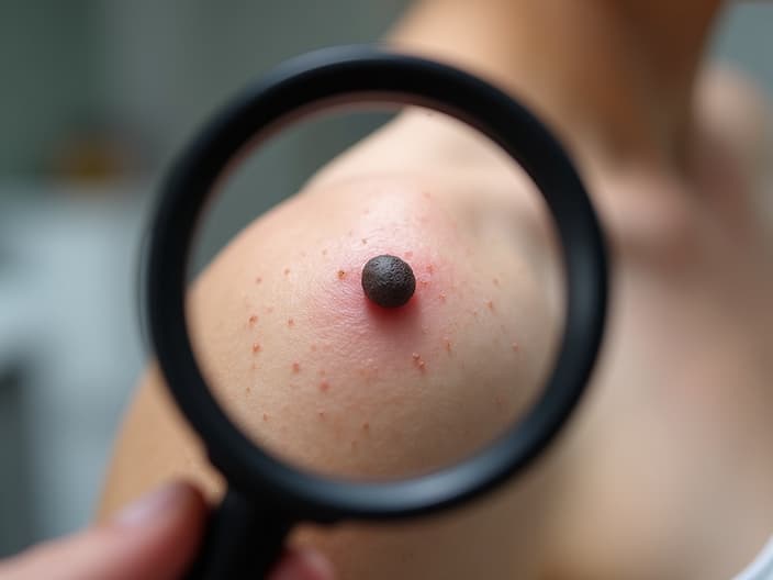 Close-up studio photo of a mole on skin, with a dermatologist's magnifying glass