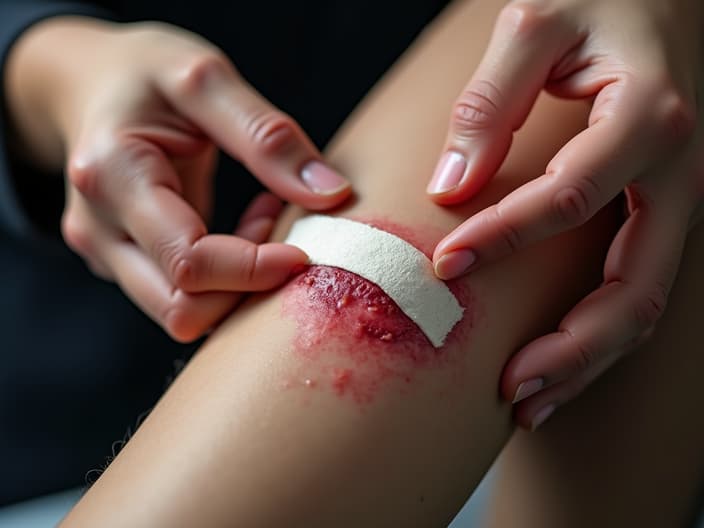 Close-up studio photo of hands applying bandage to a simulated wound