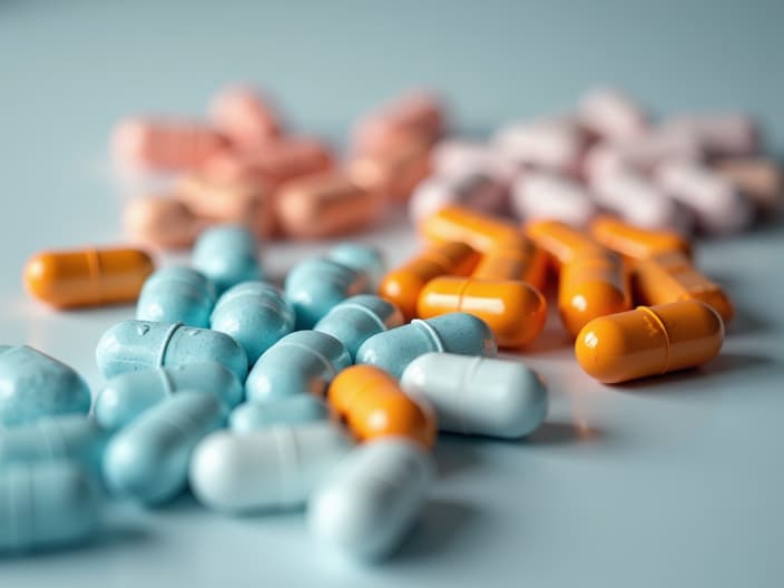 Close-up studio photo of over-the-counter cold medications, organized neatly