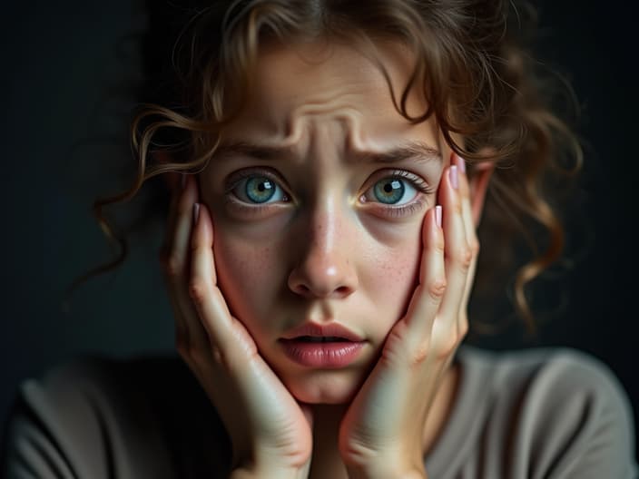 Close-up studio portrait of a person with a worried expression, hands slightly raised