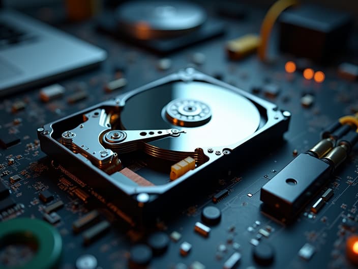 Close-up studio shot of a damaged hard drive with data recovery tools nearby