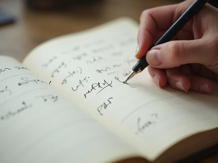 Close-up studio shot of a hand writing in a symptom journal