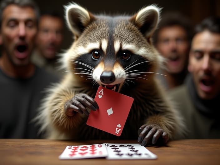 Close-up studio shot of a raccoon performing a card trick, amazed onlookers in the background