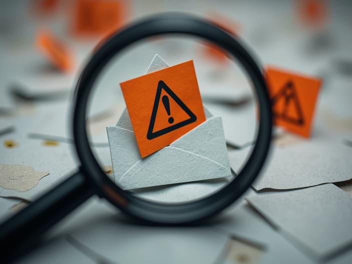 Close-up studio shot of a suspicious email with a warning sign and magnifying glass