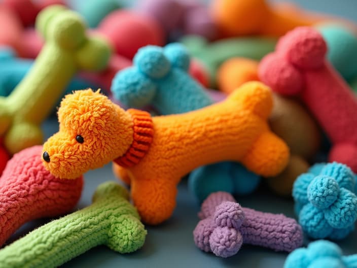 Close-up studio shot of various colorful dog toys