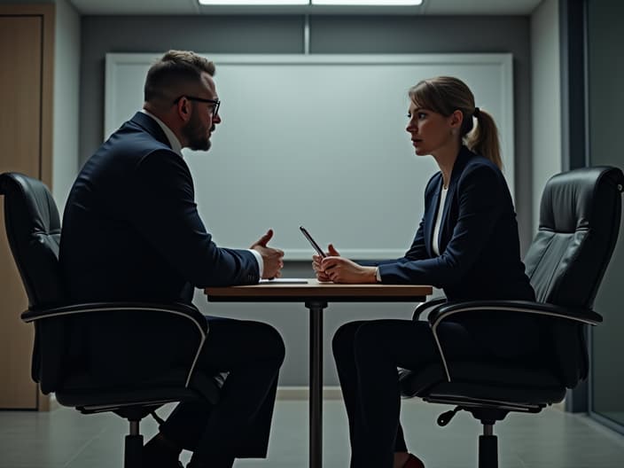 Collections specialist negotiating with delinquent client, corporate meeting room, studio lighting