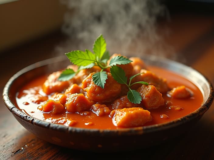 Colorful and steaming hot curry dish, spices visible