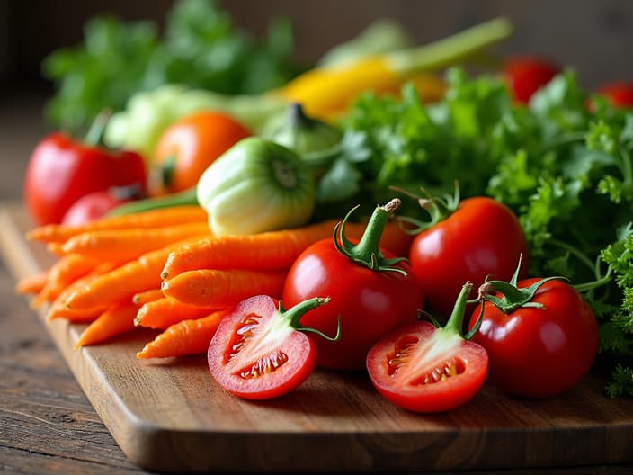 Colorful array of fresh vegetables arranged on a wooden cutting board, vibrant and appetizing