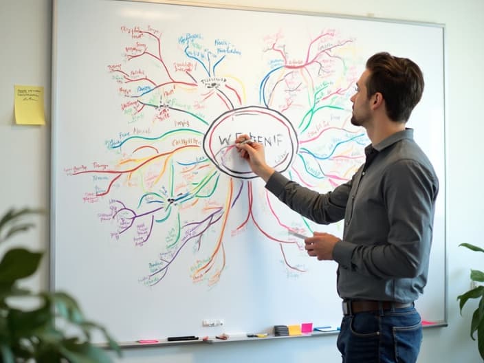 Colorful mind map being created on a large whiteboard